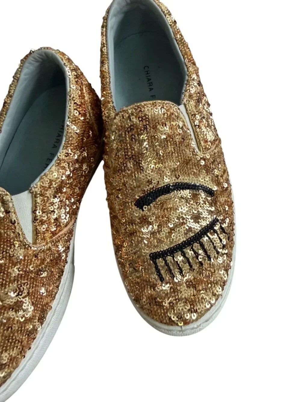 CHIARA FERRAGNI Gold Sequin Slip On Sneakers Size 37 / US 7